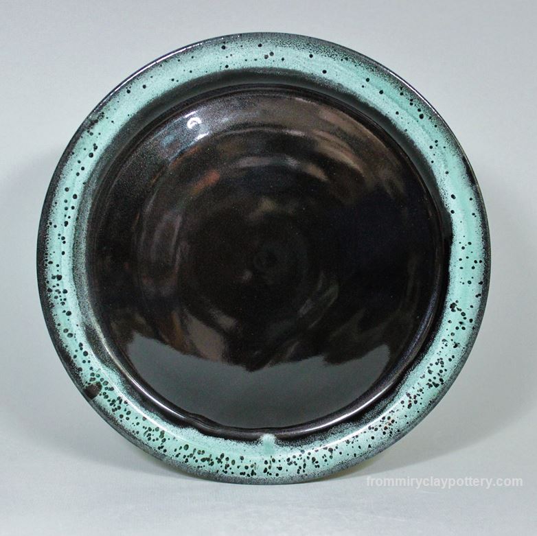 New Black  Handmade pottery Dinner Plate  Handmade Ceramic Dinner Plate Handcrafted pottery Dinner Plate  Wheel-thrown pottery Dinner Plate Wheel-made pottery Dinner Plate Stoneware pottery Dinner Plate Made in the USA  Made in Iowa Gloss black with a gloss marbled teal glaze at the top handmade pottery Dinner Plate